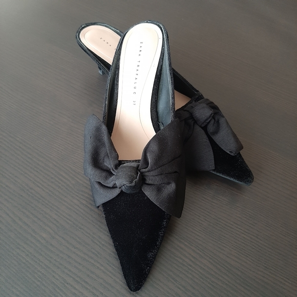 Zara Velvet Kitten Heel Mules with Bow - Picture 3 of 9